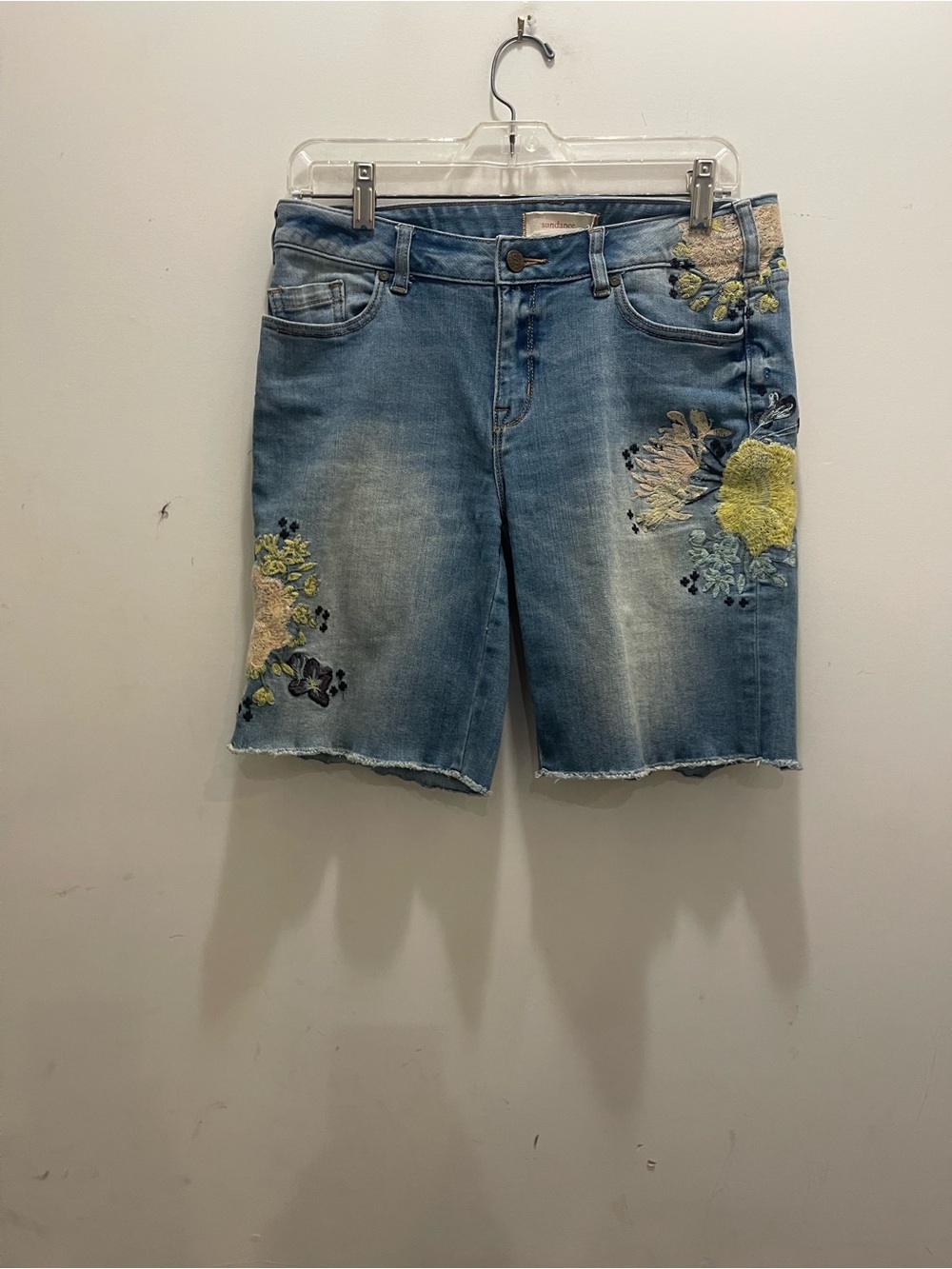 Sundance Embroidered Light Wash Denim Bermuda Shorts
